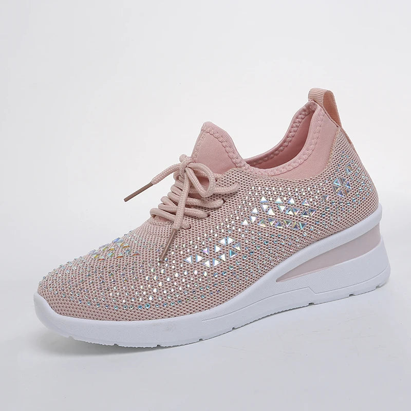 Women's Rhinestone Embellished Knit Mesh Wedge Sneakers, Adjustable Lace-Up Closure, Daily Walking Casual Footwear Pi-Mart