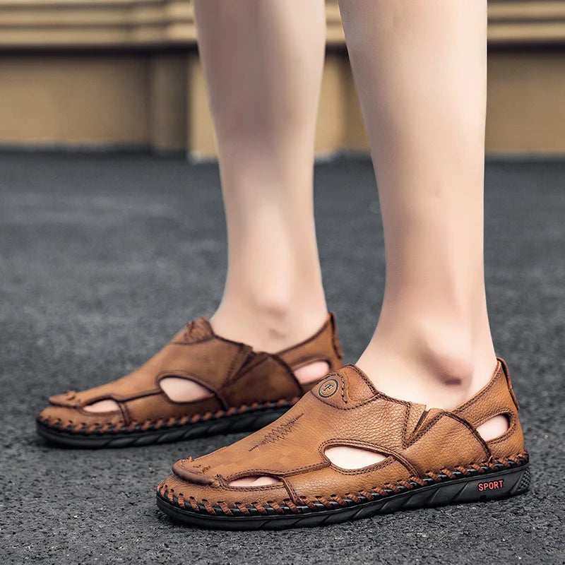 Summer Men Sandals Genuine Leather Mens Casual Shoes Outdoor Men Leather Sandals for Men Beach Shoes Roman mens Shoes Pi-Mart
