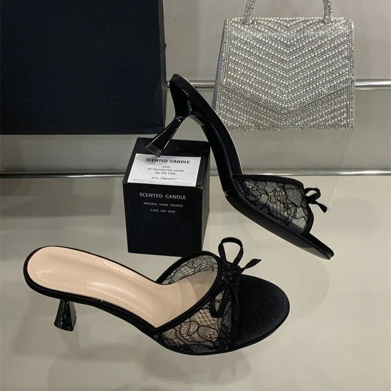 Summer Women Net Butterfly-knot Slippers Fashion Cover Pointed Toe Slip On Mules Shoes Thin High Heel Ladies Elegant Slides Pump LadyShow.Store