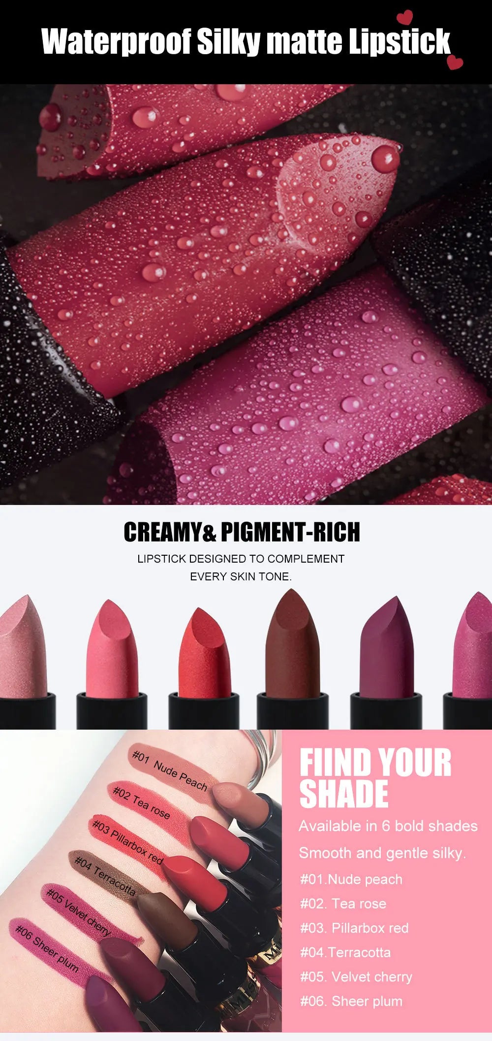 Matte Lipstick Nude Peach Brown Cherry Shades Velvety Smooth Long-Lasting Rich Pigment Waterproof Non-Stick Cup Lip Stick Makeup Pi-Mart