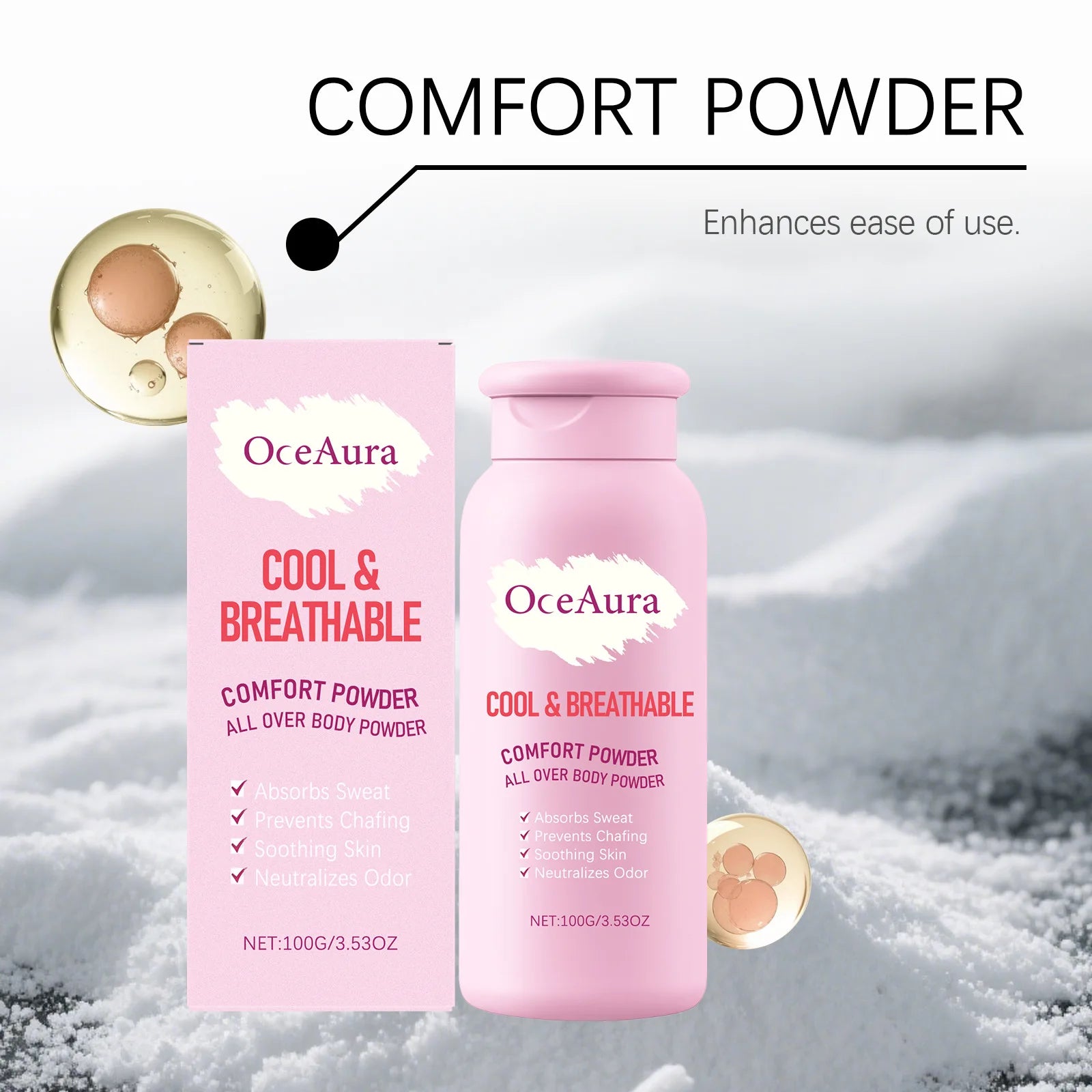 OceAura Body Powder Anti Sweat Armpit Groin Smooth Skin Soothing Comfortable Refreshing Odor Eliminator Anti Chafing Powder 100g Pi-Mart