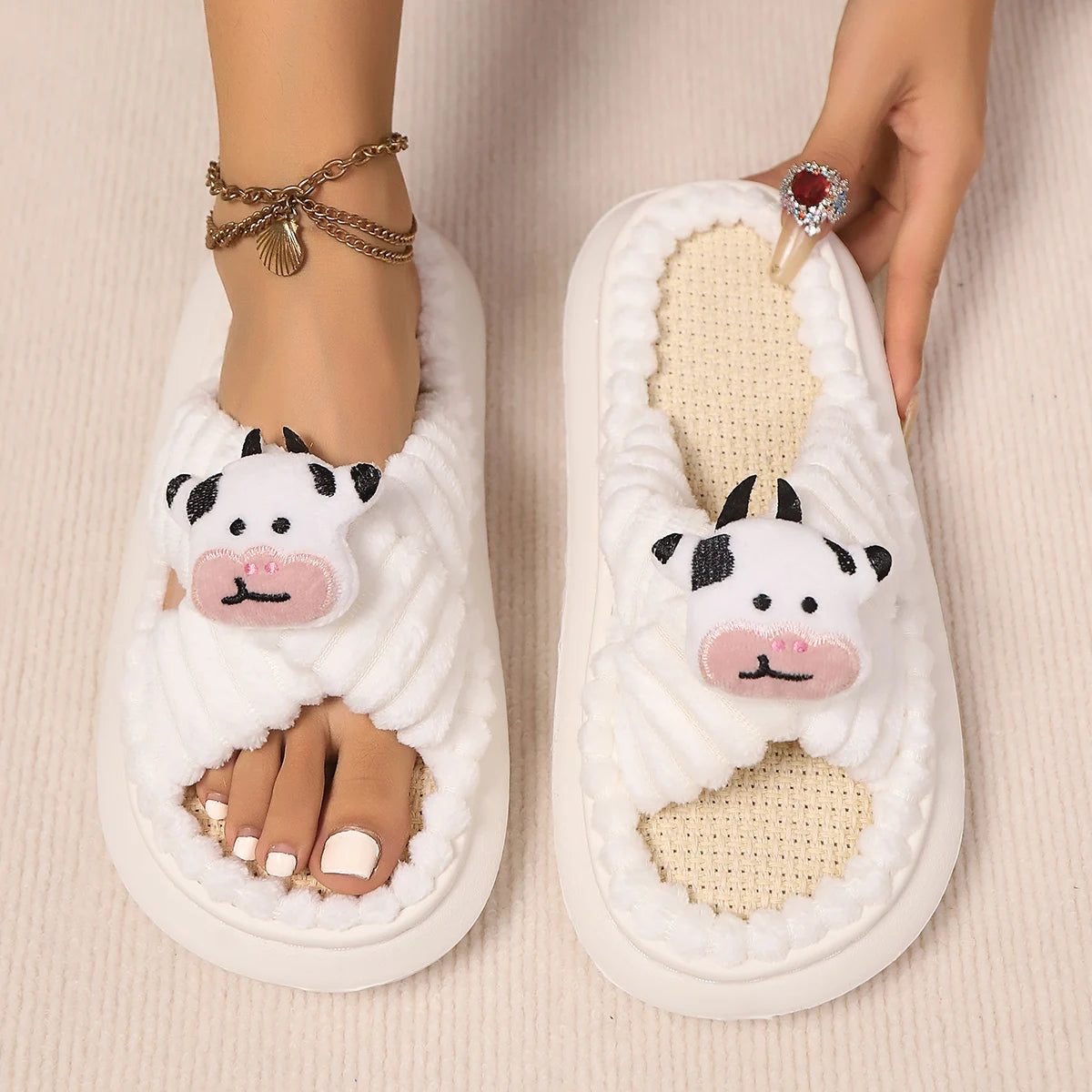 2024 Autumn Winter New Women Home Slippers Open-Toe Cross Band Linen Soled Indoor Slides Linen Soled Non-Slip Bathroom Slippers Pi-Mart