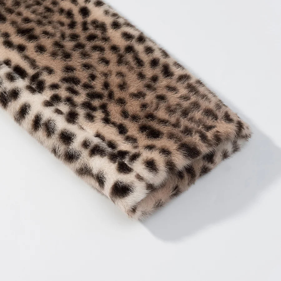 Retro Leopard Faux Fur Short Coat Lady Chic O-neck Single Button Placket Spotted Dot Cropped Long Sleeve Outerwear Street Jacket Pi-Mart