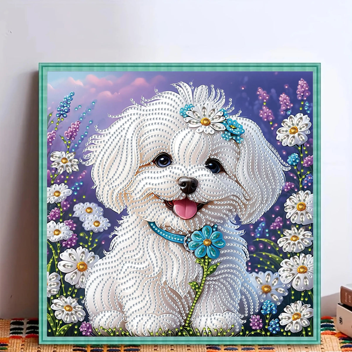 A set of "White Puppy Wearing Flowers" 5D Diamond Painting Kit, DIY handmade craft, partially adorned with irregular diamonds Pi-Mart