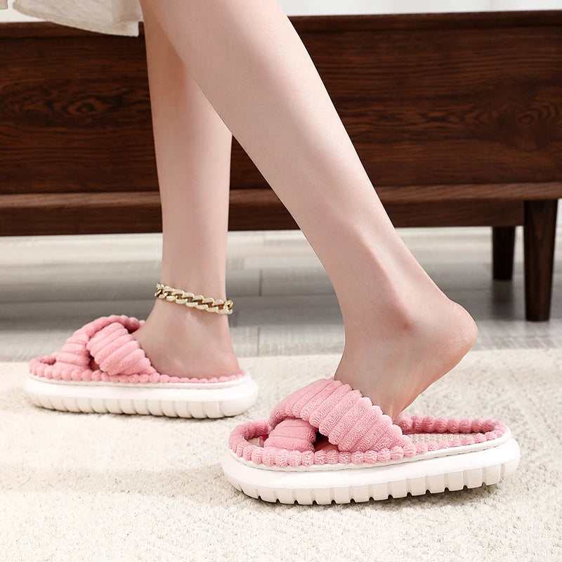 2024 Autumn Winter New Women Home Slippers Open-Toe Cross Band Linen Soled Indoor Slides Linen Soled Non-Slip Bathroom Slippers Pi-Mart