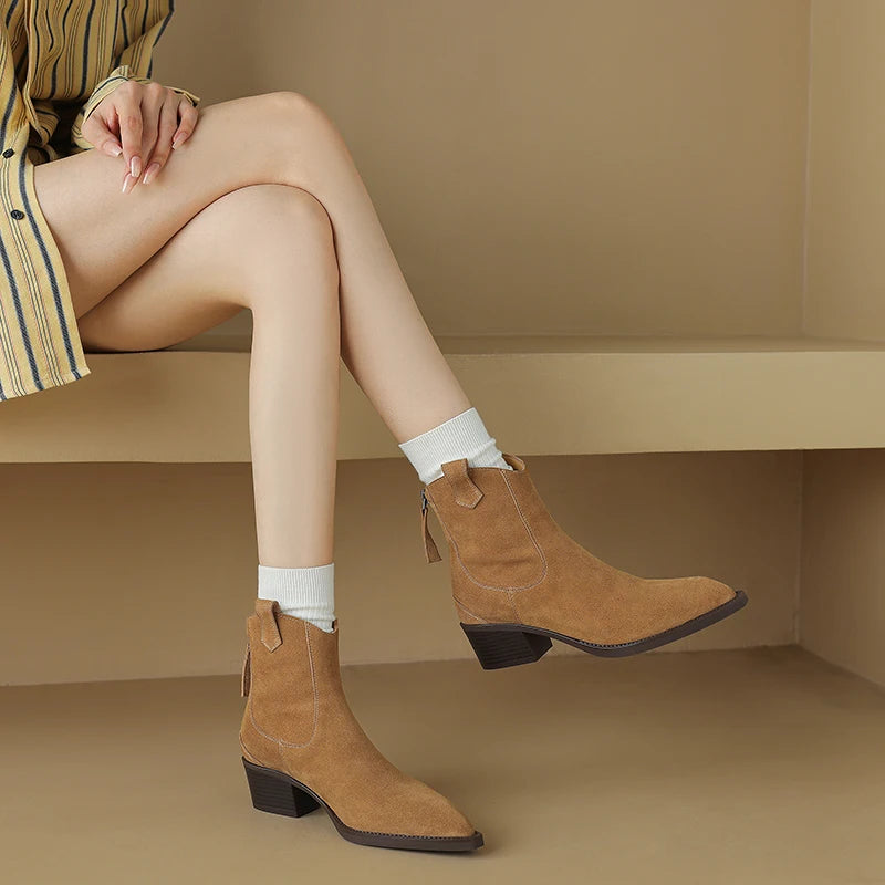 New 2025 Trend Autumn Winter Cow Suede Women Western Boots Black Brown Khaki Purple Green Burgundy Pointed Toe Lady Ankle Boots Pi-Mart