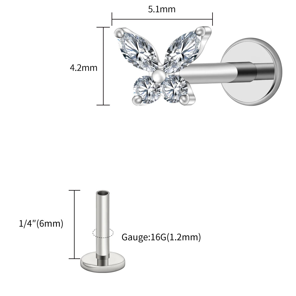 Right Grand ASTM F136 Titanium 16G Mini Butterfly CZ Labret Tragus Cartilage Conch Forward Helix Stud Nose Piercing Body Jewelry Pi-Mart