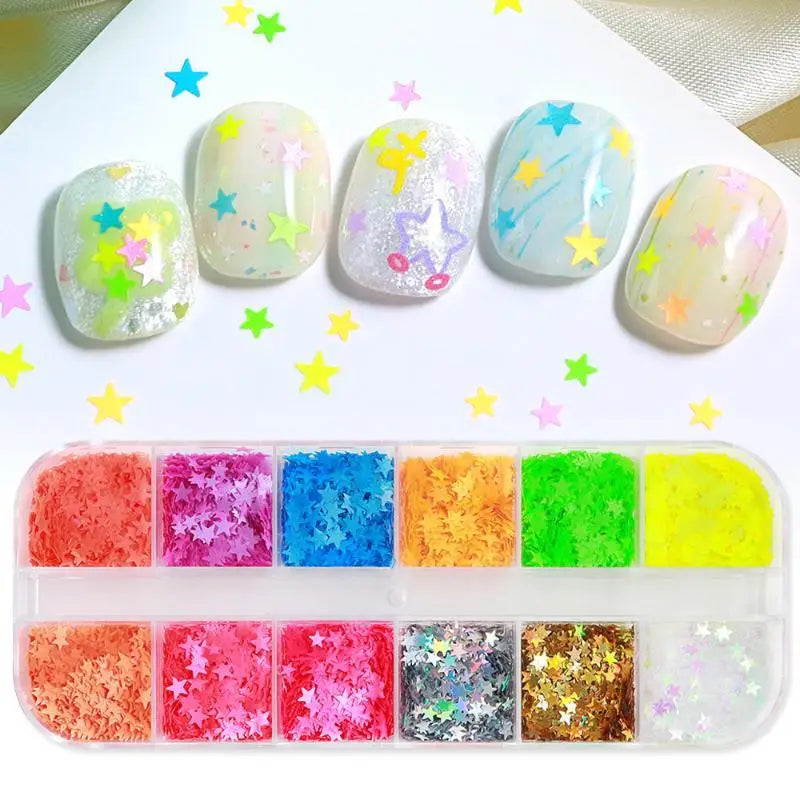 *12 Grids Mixed Mini Circular Colorful Nail Glitter Wave Point Sequin Sparkling Flower DIY Nail Decoration Nail Charms Pi-Mart