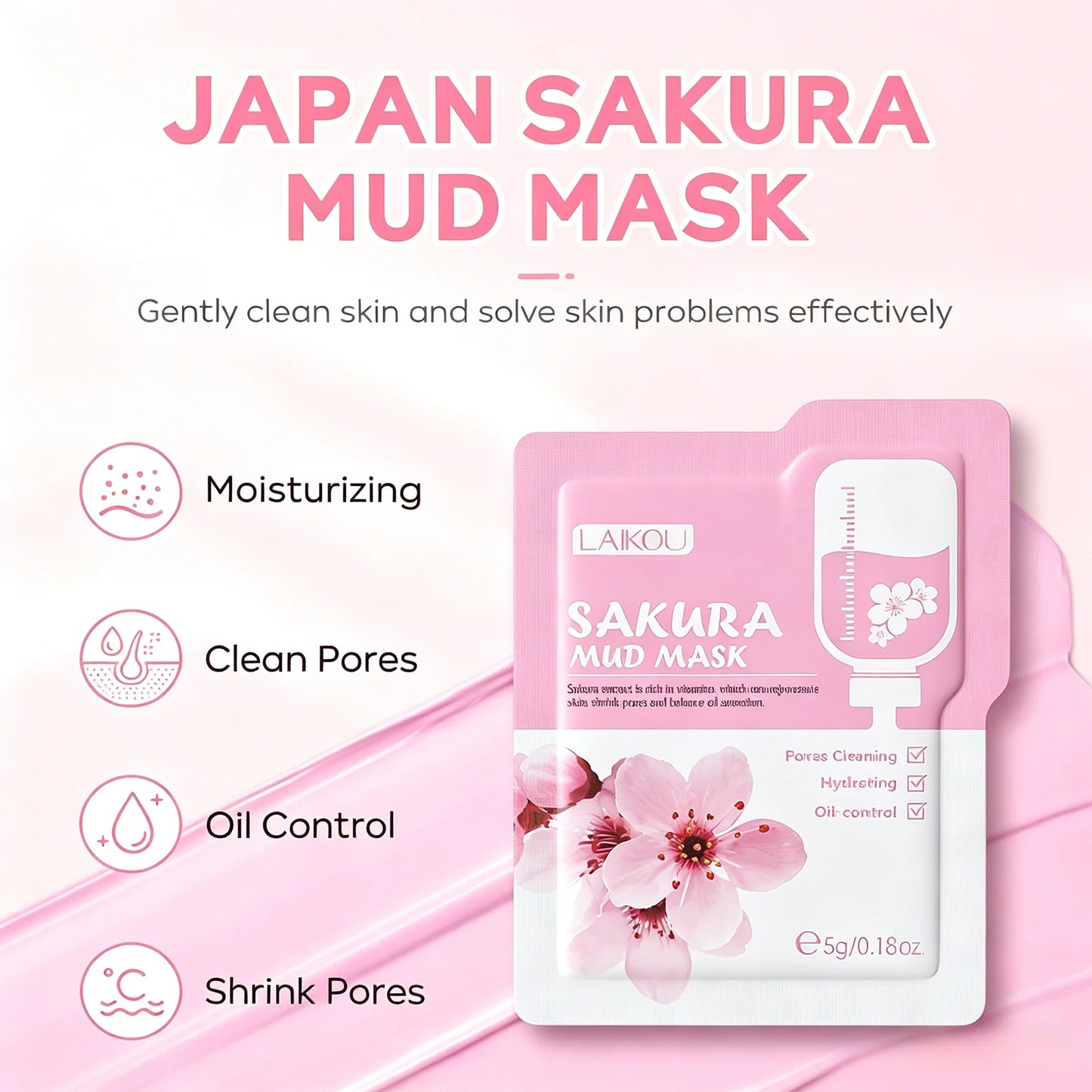 LAIKOU Japan Sakura Clay Mud Mask Hydrating Gentle Cleansing Refreshing Oil Balancing Daily Facial Skin Care Mask 5g Pi-Mart