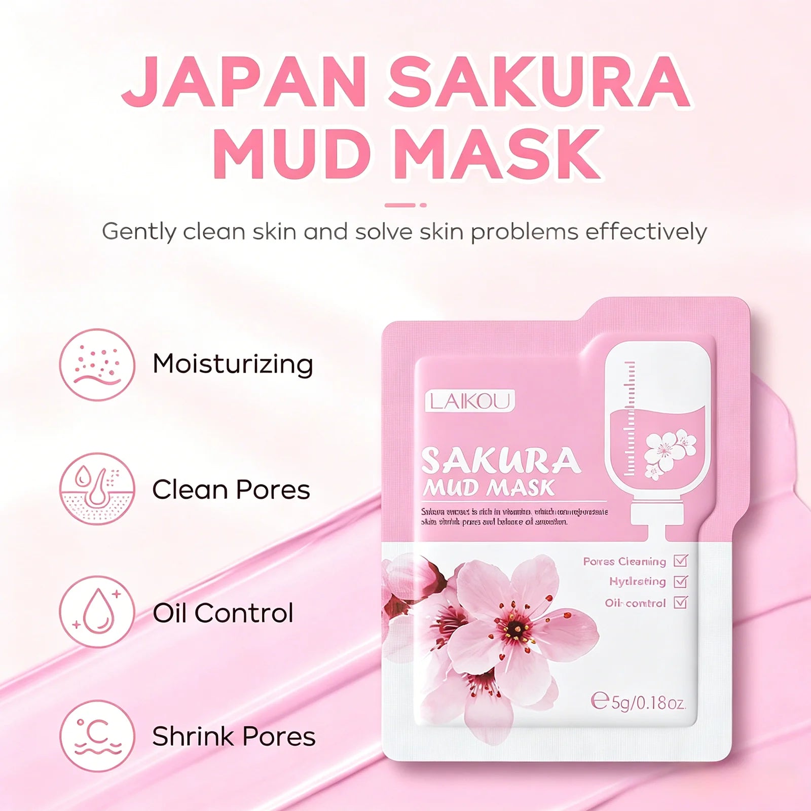 LAIKOU Japan Sakura Clay Mud Mask Hydrating Gentle Cleansing Refreshing Oil Balancing Daily Facial Skin Care Mask 5g Pi-Mart