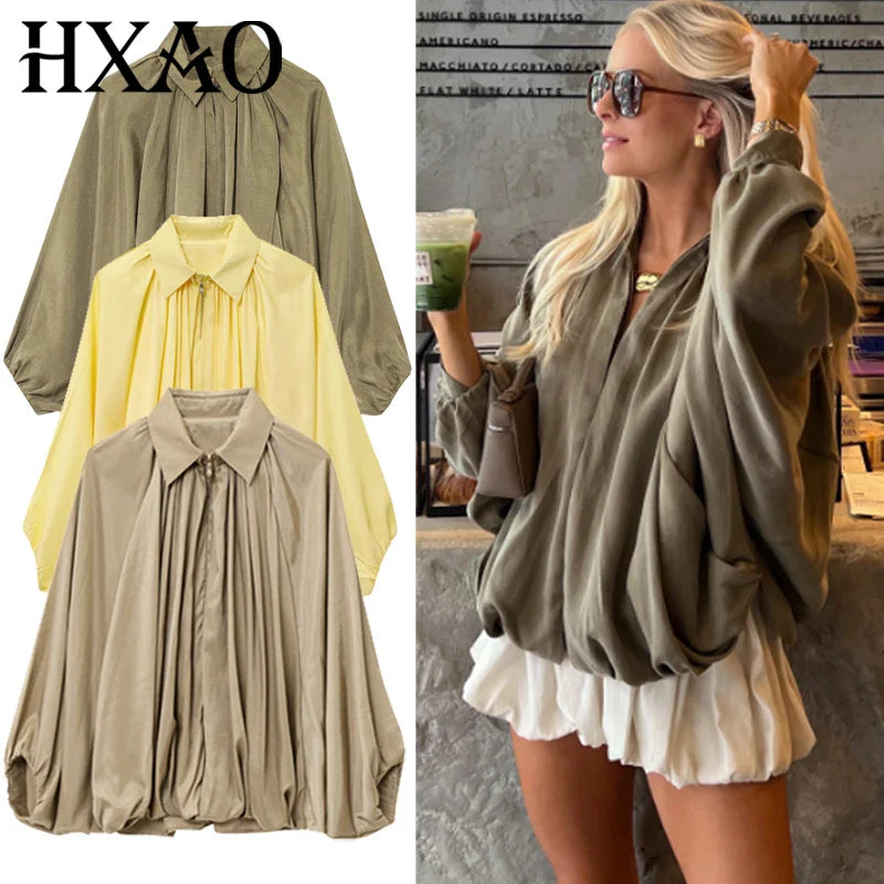 HXAO Women's Bomber Jacket Autumn New In Coats & Jackets Oversized Puff Long Sleeve Tops Ruffled Loose Outerwears Fashion Coats LadyShow.Store