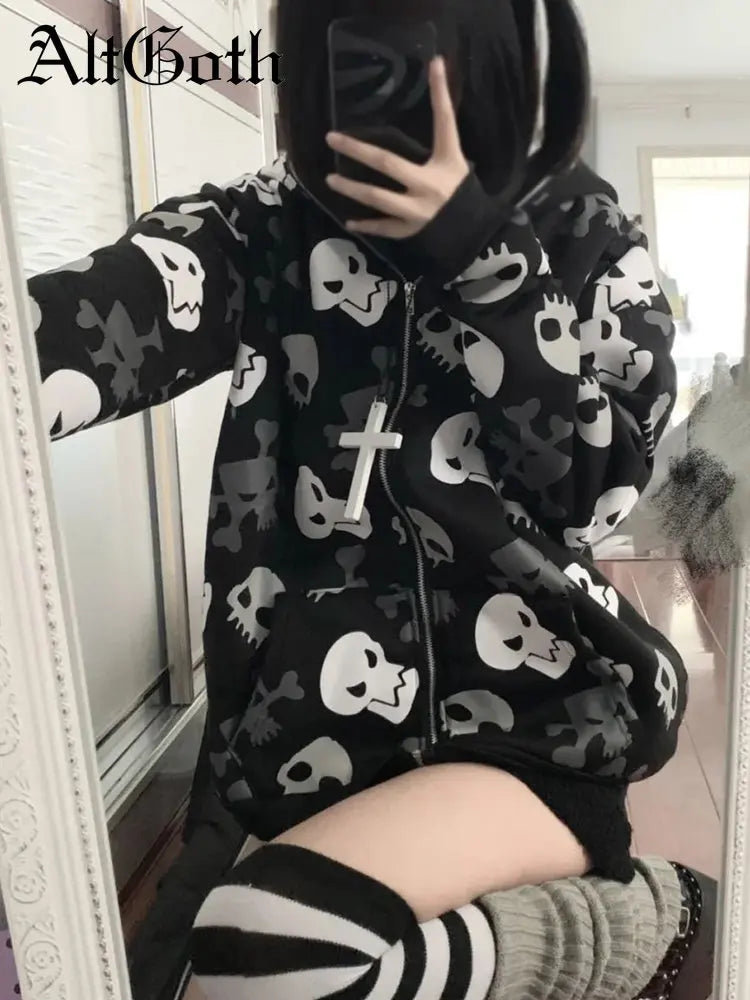 AltGoth Cyberpunk Y2k Sweatshirt Women Mall Goth Harajuku Skull Printed Long Sleeve Zipper Cardigan Hoodie Emo Alt Indie Clothes LadyShow.Store