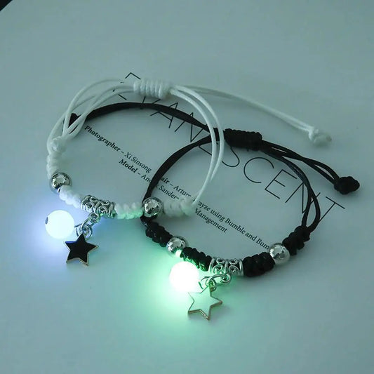 2PC Fashion Luminous Beads Star Couple Bracelet for Women Men Charm Cat Flower Heart Moon Love Matching Friend Bracelet Jewelry Pi-Mart