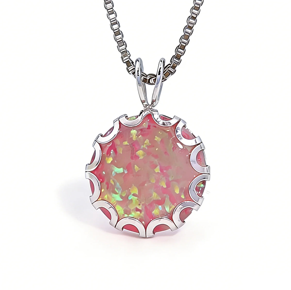 Wave Frame Opal Pendant Necklace,Round Blue Green Opal with Red Fire,White K Plated Floral Jewelry,Dainty Charms Gift for Women Pi-Mart