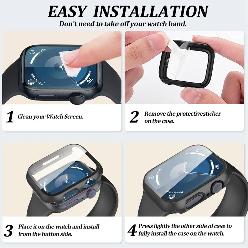 Tempered Glass+Case For Apple Watch 38-40mm 41mm 42mm 44mm 45mm 46mm Screen Protector Protective Cover iWatch 11 10 8 7 9 6 SE 5 LadyShow.Store
