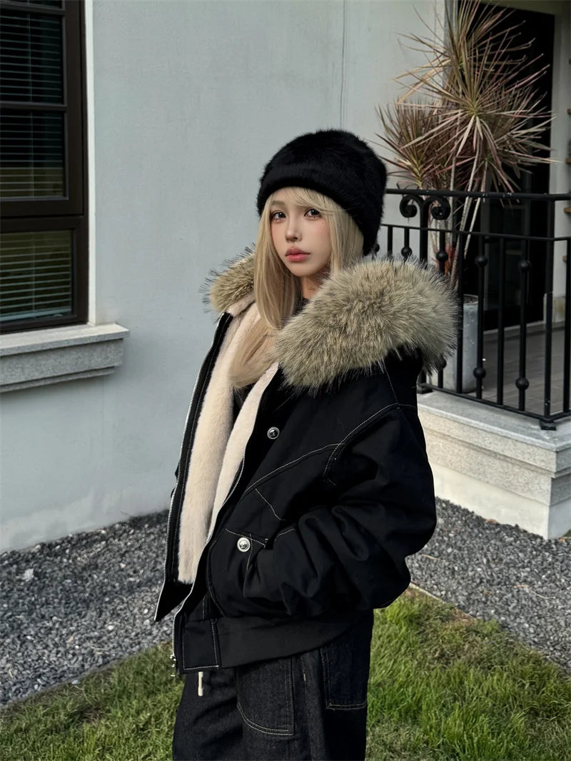ZAROY Fur Collar Hooded Parkas Y2k Harajuku Thicken Padded Jackets Casual Zipper Gothic Women&Men Winter Coats Streetwear кур Pi-Mart