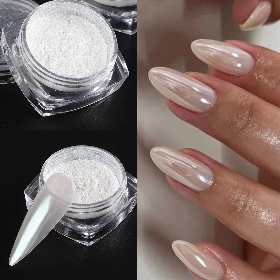 Moonlight Pearl White Nails Glitter Dust Chrome Aurora White Rubbing on Powder Shell Mirror Pigment Nail Art Supplies Decoration Tri Light Beauty