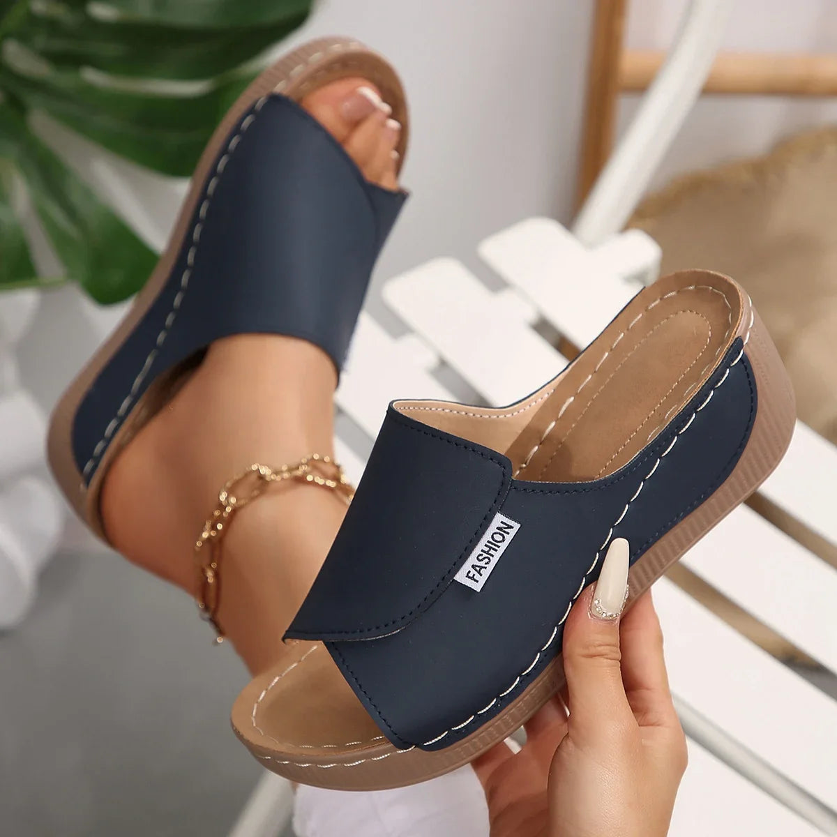 Women Wedge Slippers Summer 2025 New Fashion Slippers Open Toe Breathable Sandals Comfortable Buckle Woman Shoes Slides Women Pi-Mart