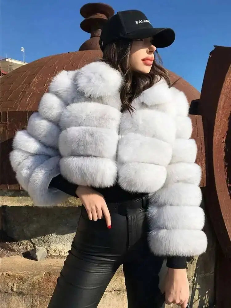 DEAT Fashion Women's Faux Fur Coat Lapel Zipper Long Sleeves Loose Thick Imitation  Fur Short Jacket Winter New 7AB6103 Pi-Mart