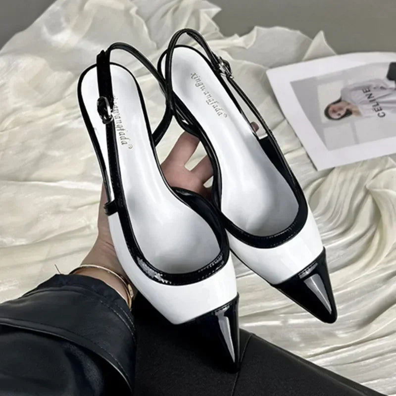 Designer Black White Mixed Color Low Heeled Sandals Women Sexy Pointed Toe Slingbacks Chunky High Heels for Women Elegant Heels LadyShow.Store