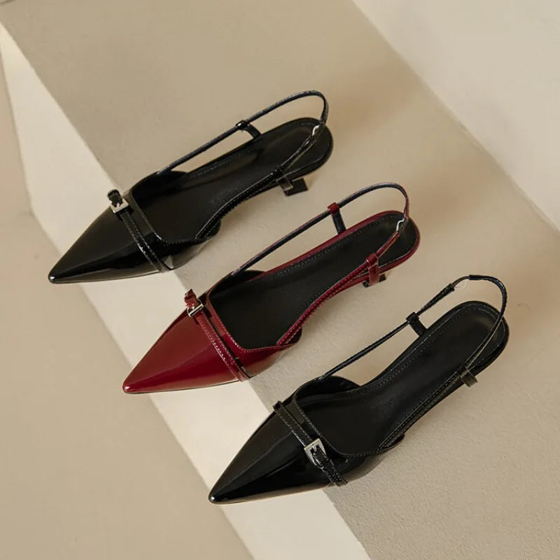 2024 New Summer Women's Dress Shoes Patent Leather Slip on Pointed Toe Sandals Buckle Slingbacks Mid Heels Pumps Sandalias Mujer LadyShow.Store