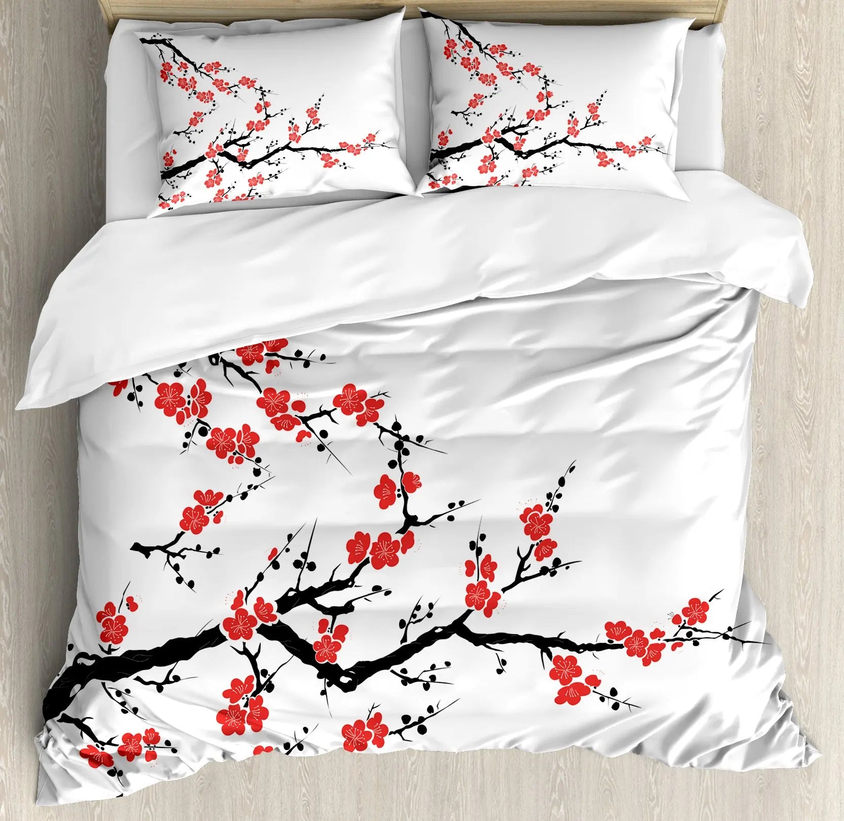 Japanese Duvet Cover Set Simplistic Cherry Blossom Tree Botanic Themed Pattern Fresh Organic Lines Bedding Set For Kids Girls Pi-Mart