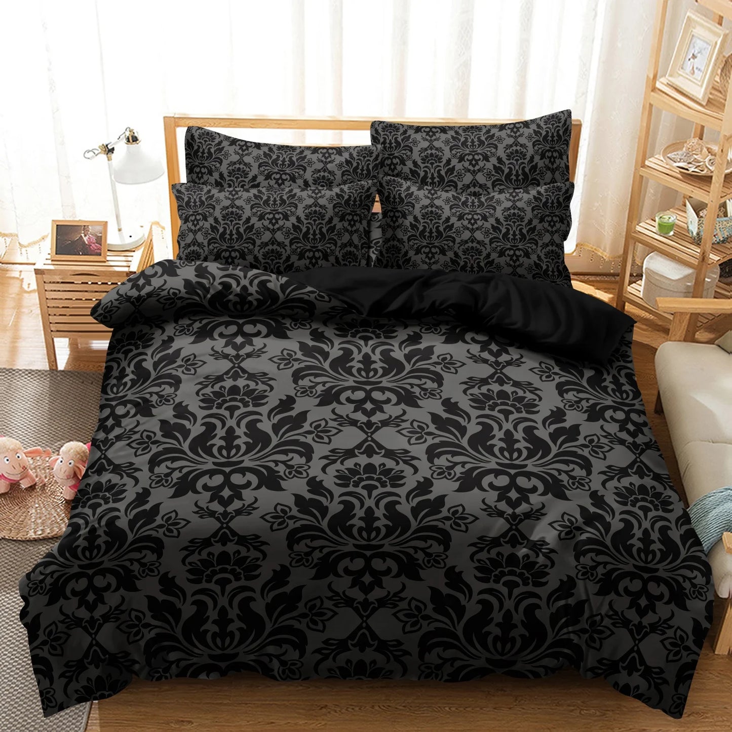 3Pcs Black Grey Textured Print Duvet Cover Bedding Set Included 1 Duvet Cover & 2 Pillowcases For Bedroom Guest Room Dorm Decor Pi-Mart