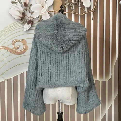 Real Rabbit Fur Hooded Coat Long Sleeve Women Casual Loose Knitted Genuine Fur Jacket With Hood Female Natural Fur Outwear LadyShow.Store