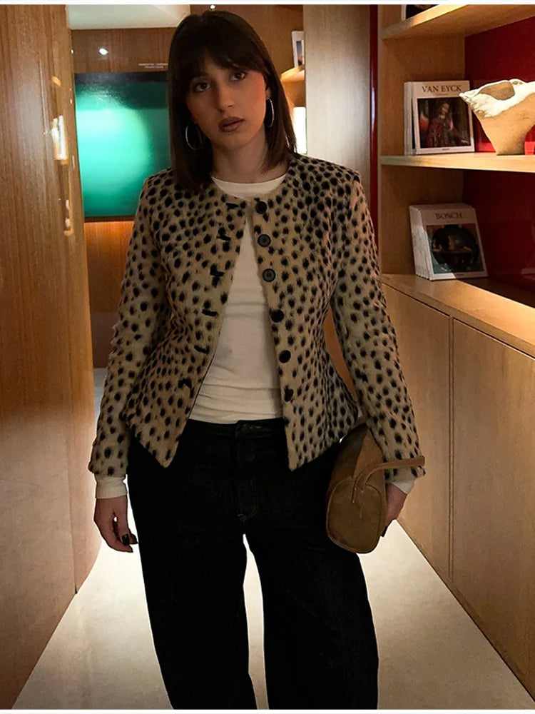Retro Leopard Faux Fur Short Coat Lady Chic O-neck Single Button Placket Spotted Dot Cropped Long Sleeve Outerwear Street Jacket Pi-Mart