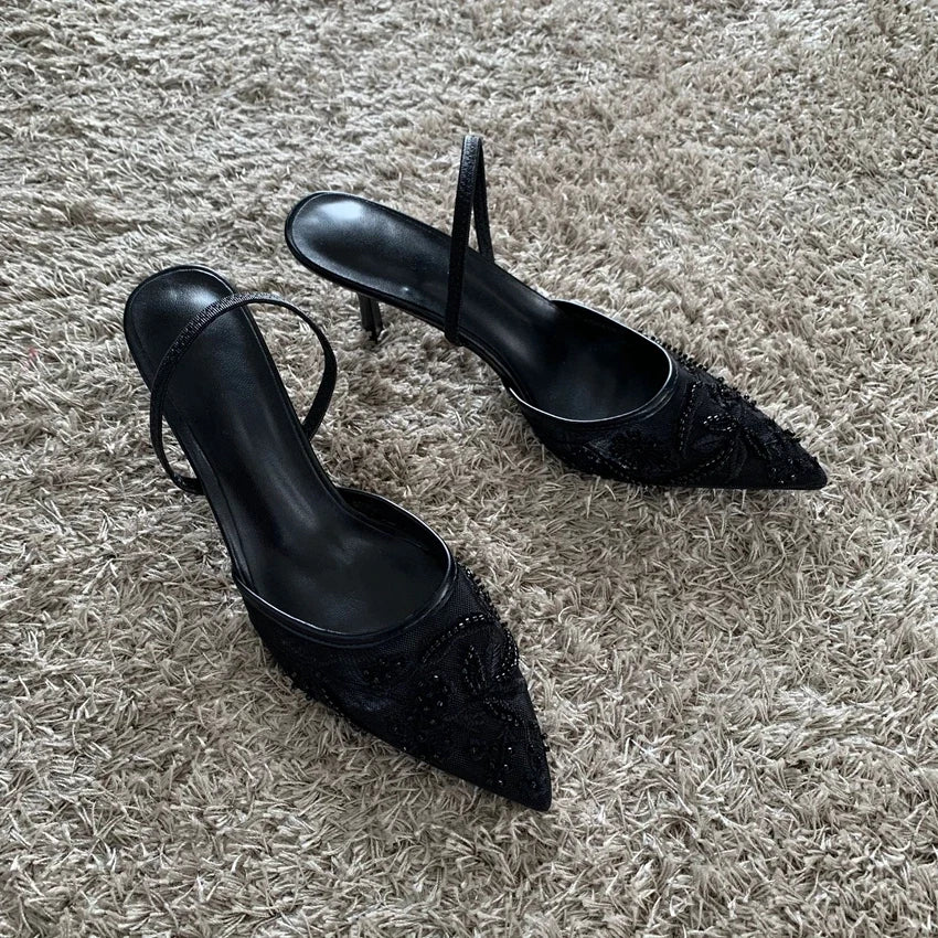 2026 String Bead Mesh Embroider Slingback High Heels Women Sexy Pointed Toe Heeled Sandals Summer Elegant Luxury Designer Shoes LadyShow.Store