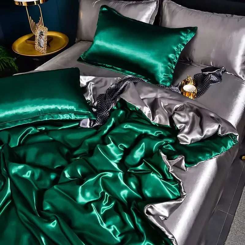 A/B Double-Sided Color Bedding Set Silky Satin Duvet Cover Bed Sheet Pillowcase Luxury Bedsheet King Queen Double Twin Size LadyShow.Store