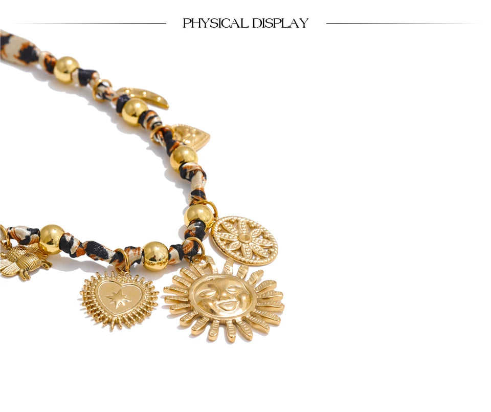 Yhpup Popular Stainless Steel Leopard Polyester Sun Flower Heart Insect Drop Collar Necklace 18K PVD Plated Fashion Jewelry Gift Pi-Mart