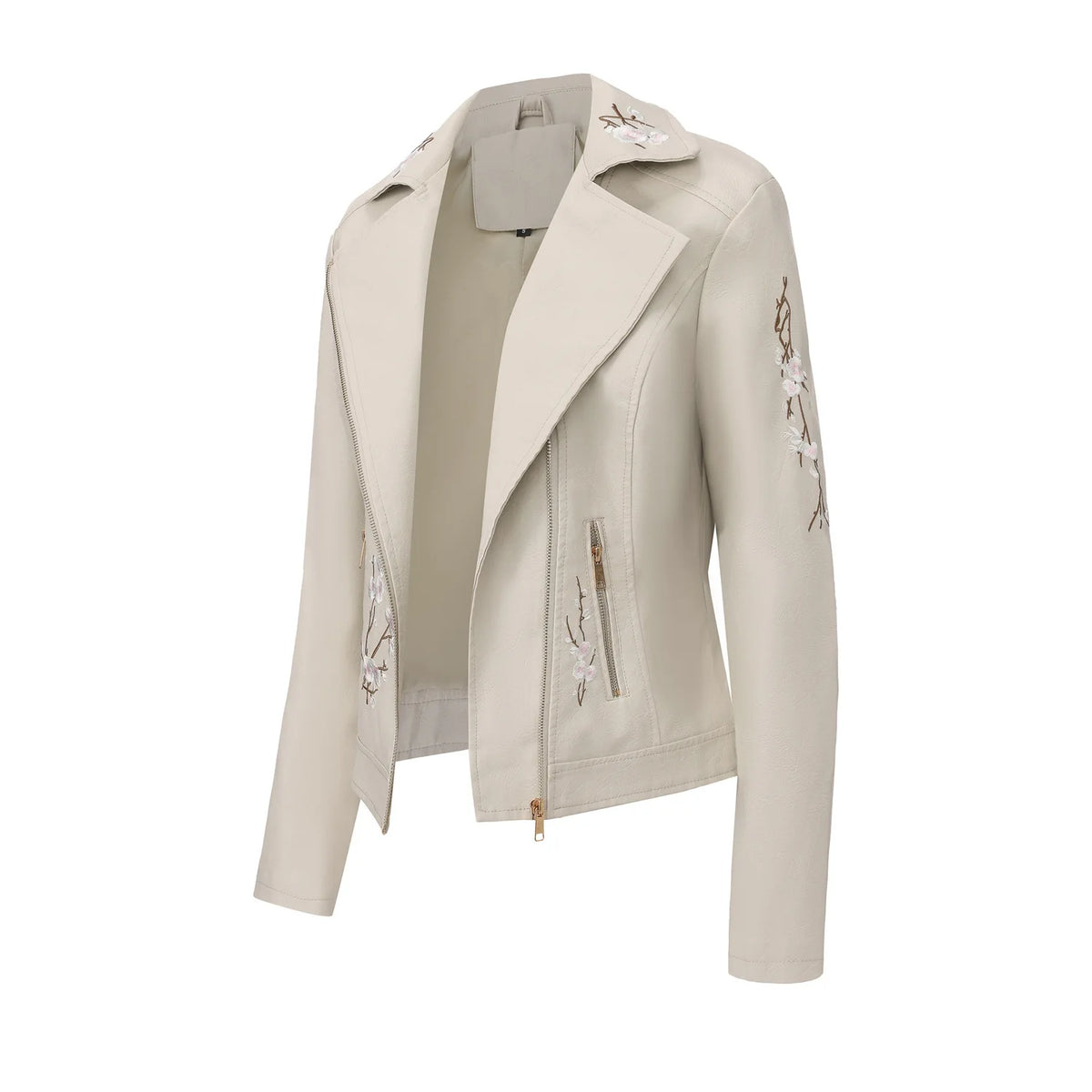 New Fall Women's Black Faux Leather Jacket; White Floral Embroidered PU Coat; Dark Brown Motorcycle-style Top. Pi-Mart