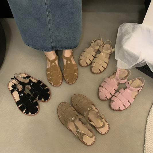 DIMANYU Women's Roman Sandals 2023 Summer New Flat Retro Real Leather Ladies Sandals Hollowed Women's Cage Shoes LadyShow.Store