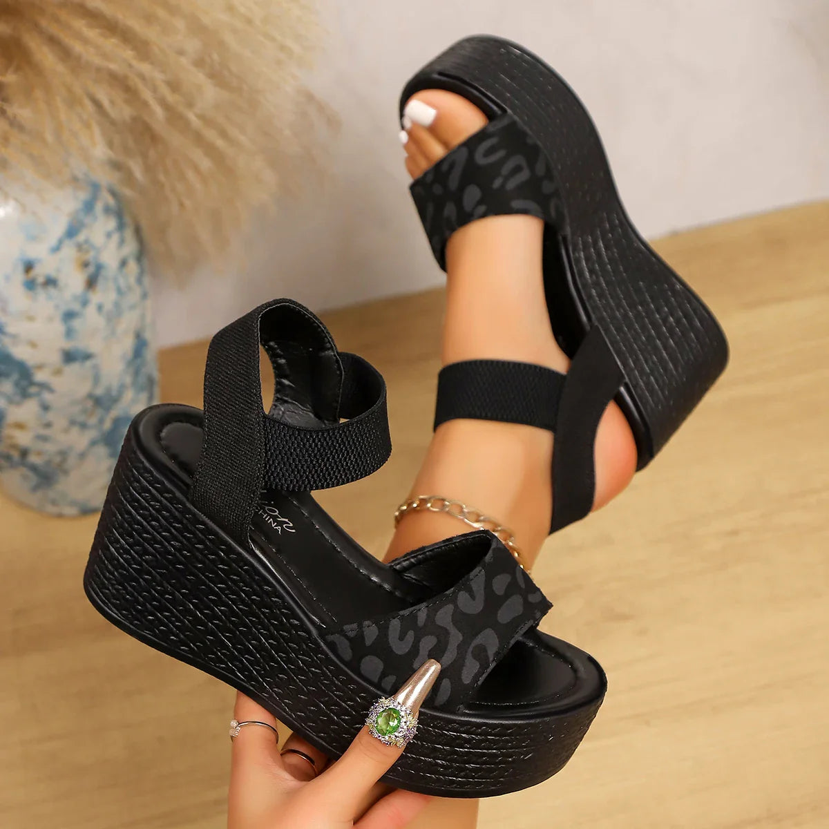 Women’s Wedge High Heel Peep Toe Sandals Leopard Platform Sandals Ladies Thick Sole Summer Shoes Espadrilles Zapatillas Mujer LadyShow.Store