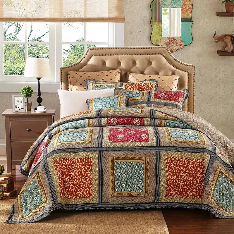 Vintage Patchwork Cotton Quilt Set 3PCS King/Queen - All-Season Thin Comforter Bedspread,Breathable Quilted Coverlet Bedding Pi-Mart