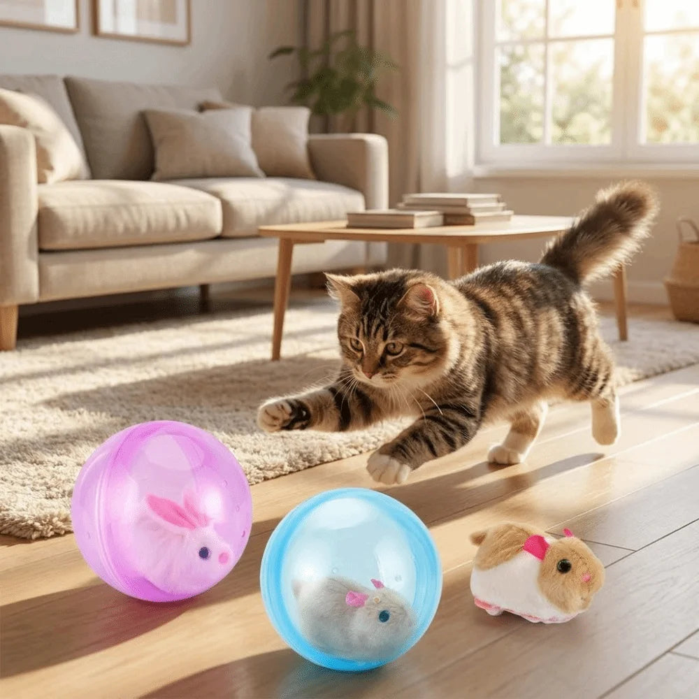 Transparent Cat Chasing Ball Built-in Plush Animal Plastic Interactive Cat Toy Realistic Rabbit Hamster Chasing Ball Pi-Mart