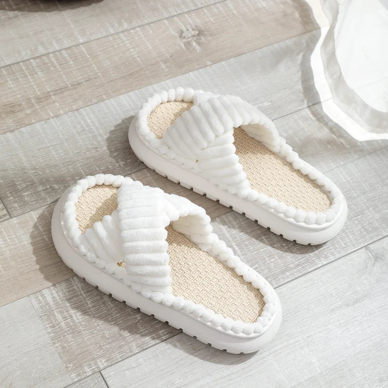 2024 Autumn Winter New Women Home Slippers Open-Toe Cross Band Linen Soled Indoor Slides Linen Soled Non-Slip Bathroom Slippers Pi-Mart