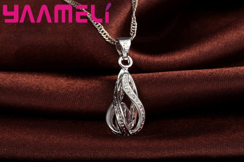 Hot Water Drop CZ 925 Sterling Silver Plated Jewelry Set For Women Pendant Necklace Hoop Earrings Wedding Party Ceremoey Anel Pi-Mart