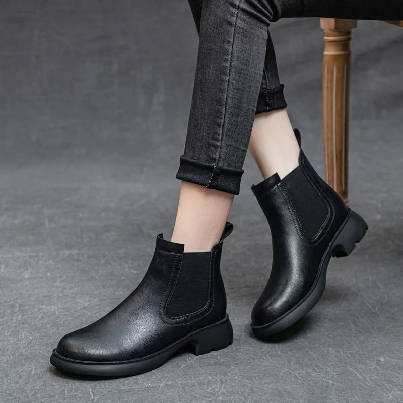 DRKANOL Fashion Women Thick Heel Ankle Boots Autumn Winter Warm Shoes Round Toe Real Cowhide British Style Slip On Chimney Boots Pi-Mart