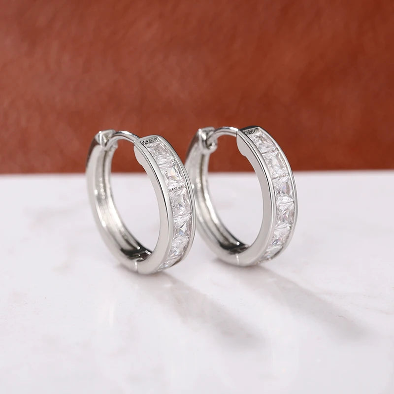 Huitan Hoop Earrings with Princess Cubic Zirconia Exquisite Ear Circle Earrings for Women Silver Color Fashion Versatile Jewelry Pi-Mart