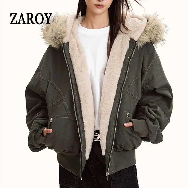 ZAROY Fur Collar Hooded Parkas Y2k Harajuku Thicken Padded Jackets Casual Zipper Gothic Women&Men Winter Coats Streetwear кур LadyShow.Store