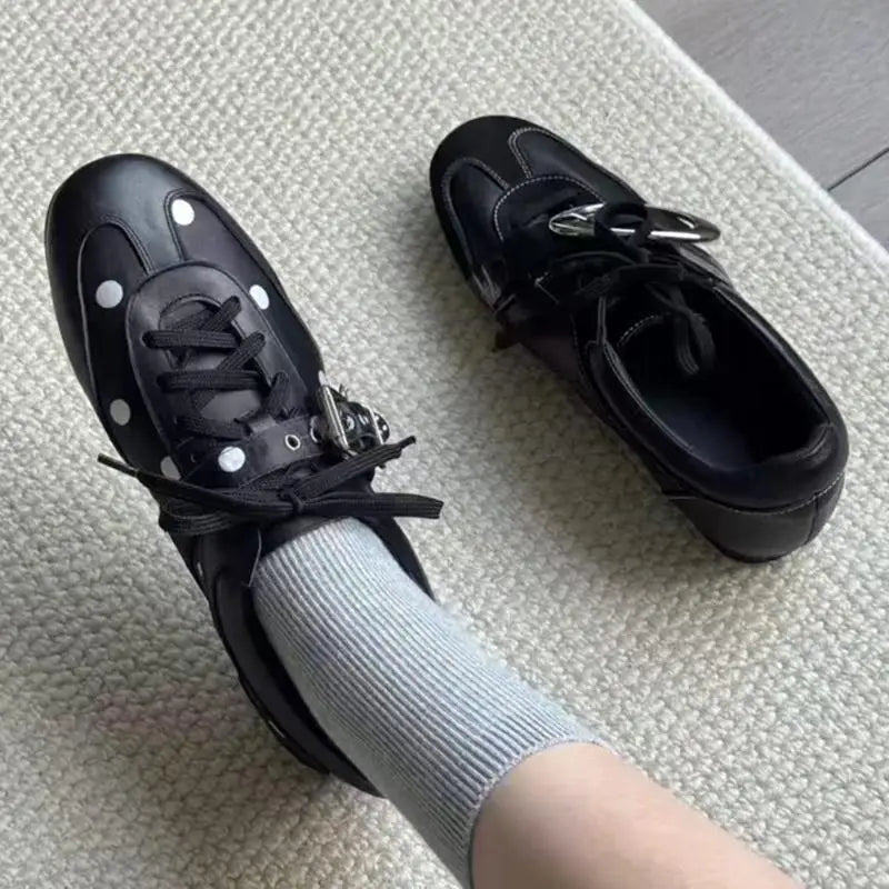 Korean Style Black Polka Dot Sneakers Women Spring 2026 Luxury Metal Decoration Designer Vulcanize Shoes Woman's Sports Shoes Pi-Mart