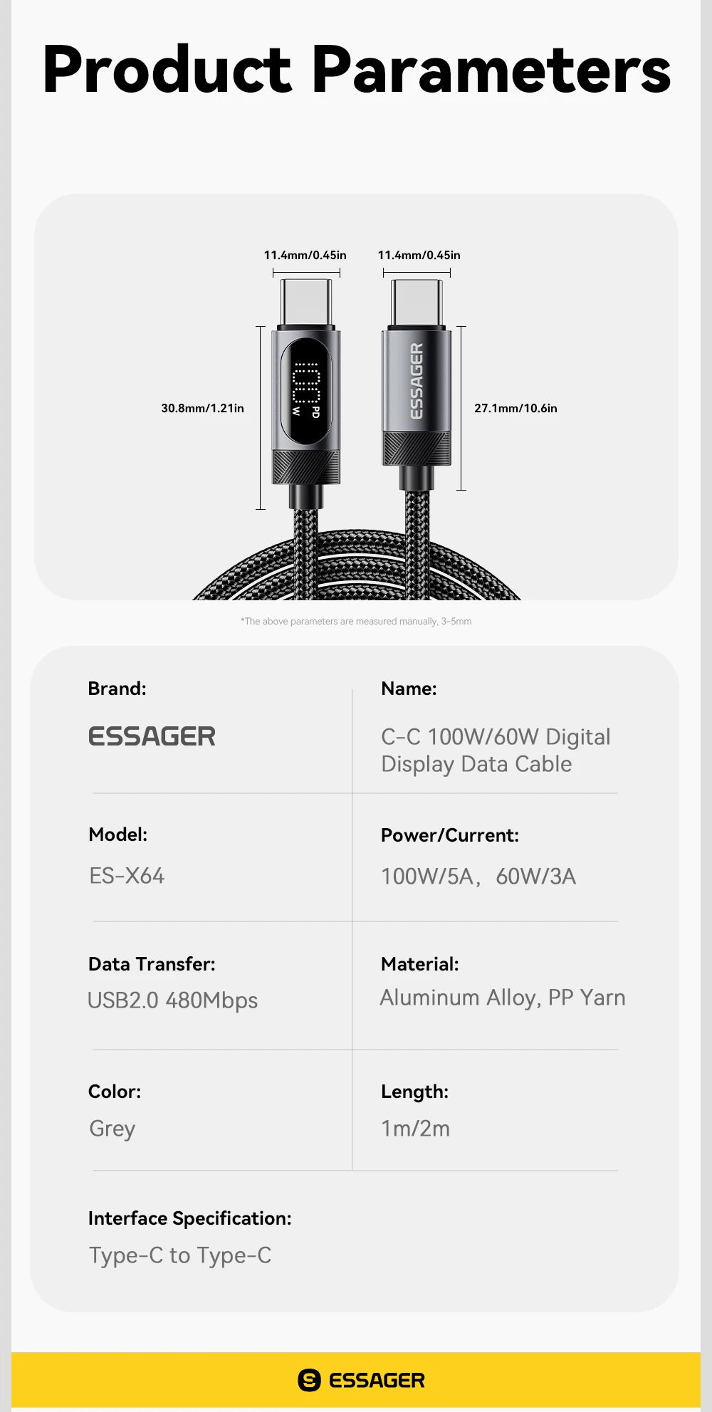 Essager Digital Dispaly USB C Cable For iPhone 17 16 15 Xiaomi Huawei 100W PD Fast Charging For Macbook iPad Type C to C Cable Pi-Mart