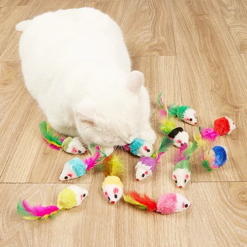 Interactive Cat Toy Realistic Mouse Shape with Rabbit Fur Feathers for Kitten Indoor Play Exercise Hunting Training Pi-Mart