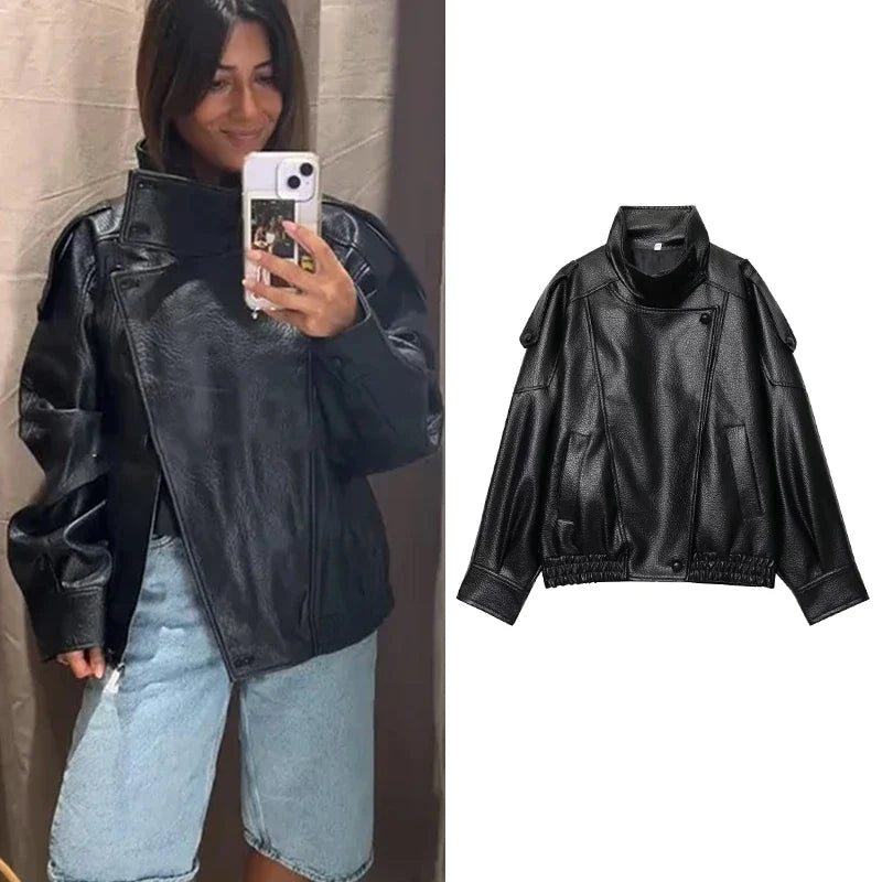 TFMLN Chic Black Faux Leather Jackets Women Long Sleeve Buttons Elastic Oversized Coats Fashion 2025 Autumn Winter Streetwear LadyShow.Store