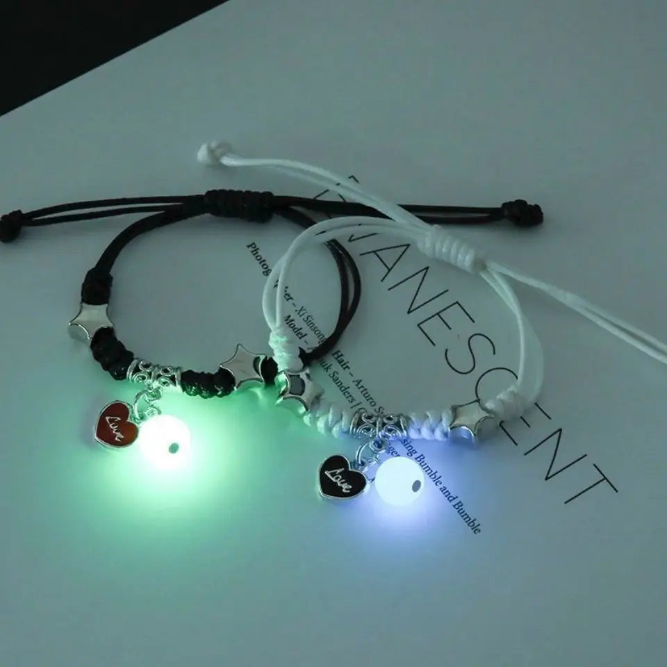2PC Fashion Luminous Beads Star Couple Bracelet for Women Men Charm Cat Flower Heart Moon Love Matching Friend Bracelet Jewelry Pi-Mart