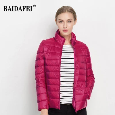 Women Short Puffer Jacket 2025 New Fashion Stand Collar Lightweight Water-Resistant Packable Female Down Parka Casual Coat LadyShow.Store