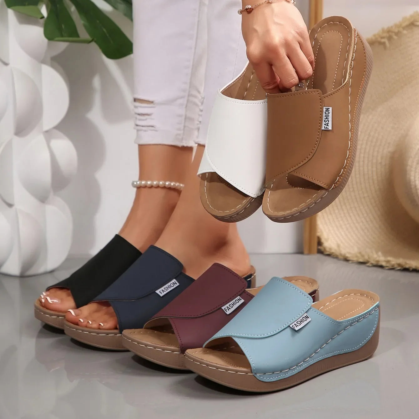 Women Wedge Slippers Summer 2025 New Fashion Slippers Open Toe Breathable Sandals Comfortable Buckle Woman Shoes Slides Women Pi-Mart