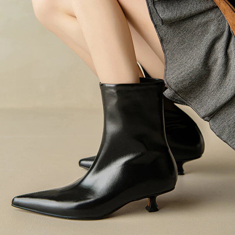 JOZHAMTA Size 34-43 Women Real Leather Ankle Boots Fashion Mid Heels Shoes For Winter Boots Pointy Office Lady Daily Dress Shoes Pi-Mart